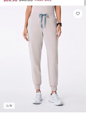Figs Straight Leg Jogger Pants in Light Gray with Teal Drawstring